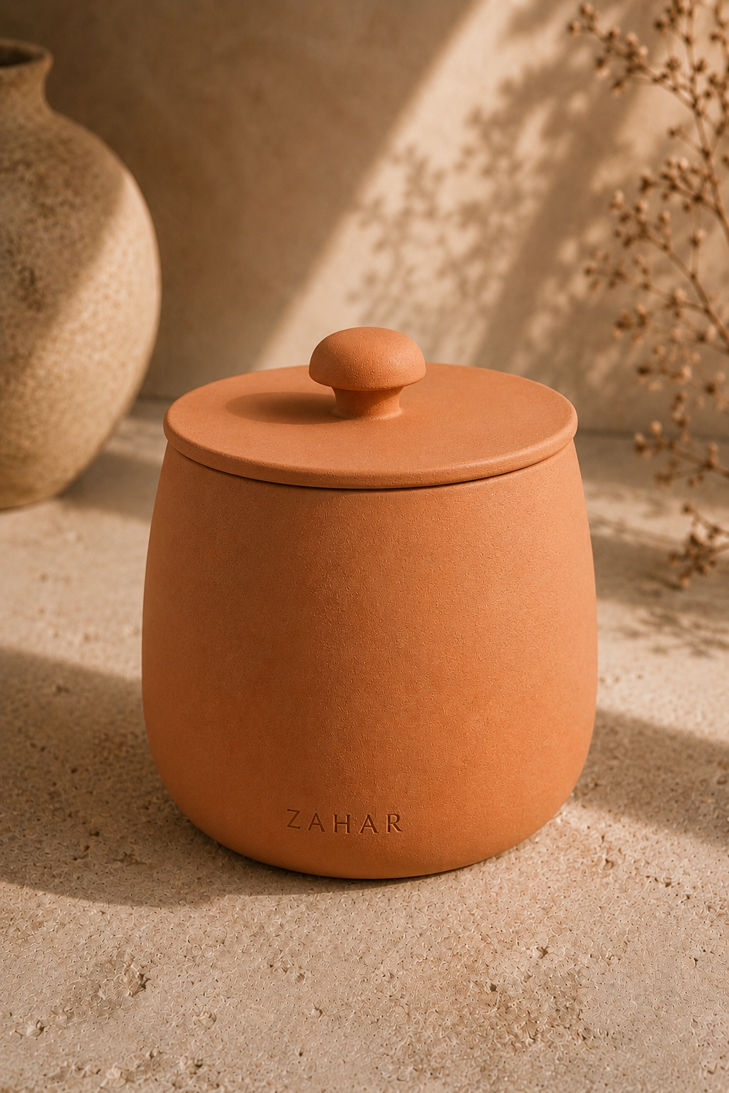 The ZAHAR Oud Jar — lidded terracotta clay jar with ZAHAR embossed on its side, in a warm styled setting